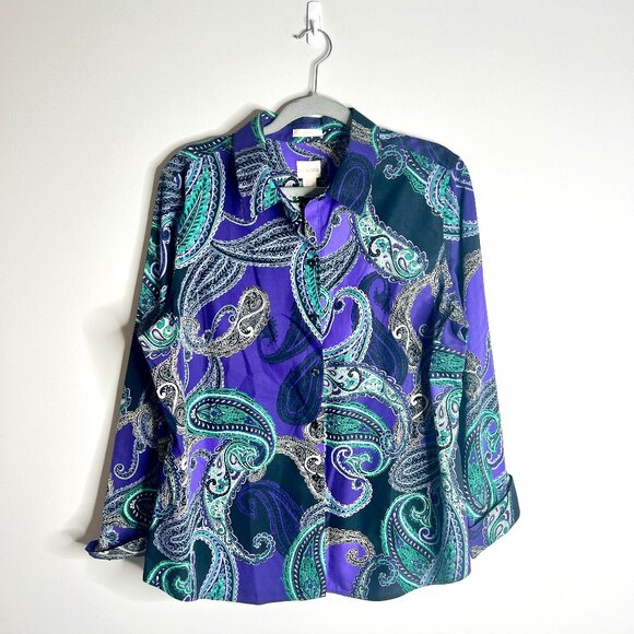 Chico's No Iron Purple Paisley Button-Up 100% Cotton Colorful Artsy Sz 2.5/14 - Picture 1 of 5